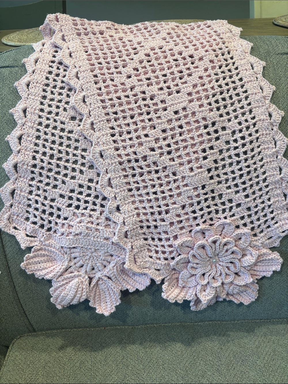 Handmade Crocheted Table runner  with Floral Accents - Light Pink